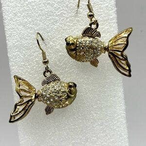 Gold Tone Crystal Fish Earrings with Whimsical Design 3 D Hook Earrings